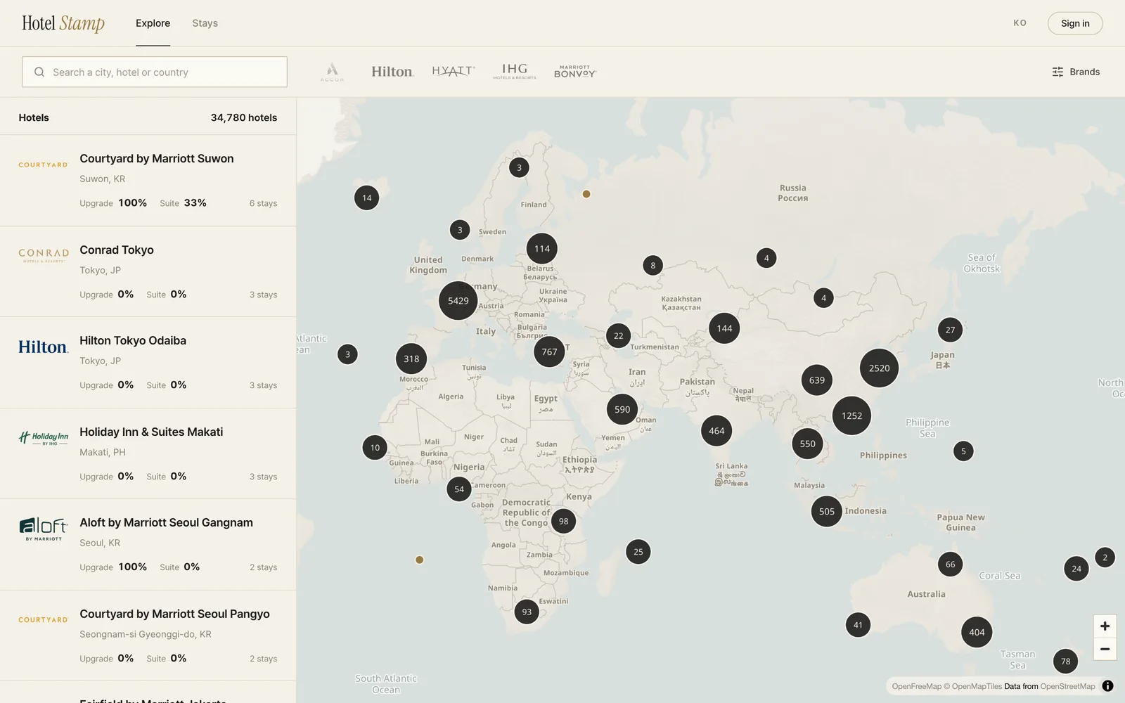 Hotel Stamp: map of 34,000+ hotels with upgrade and suite odds
